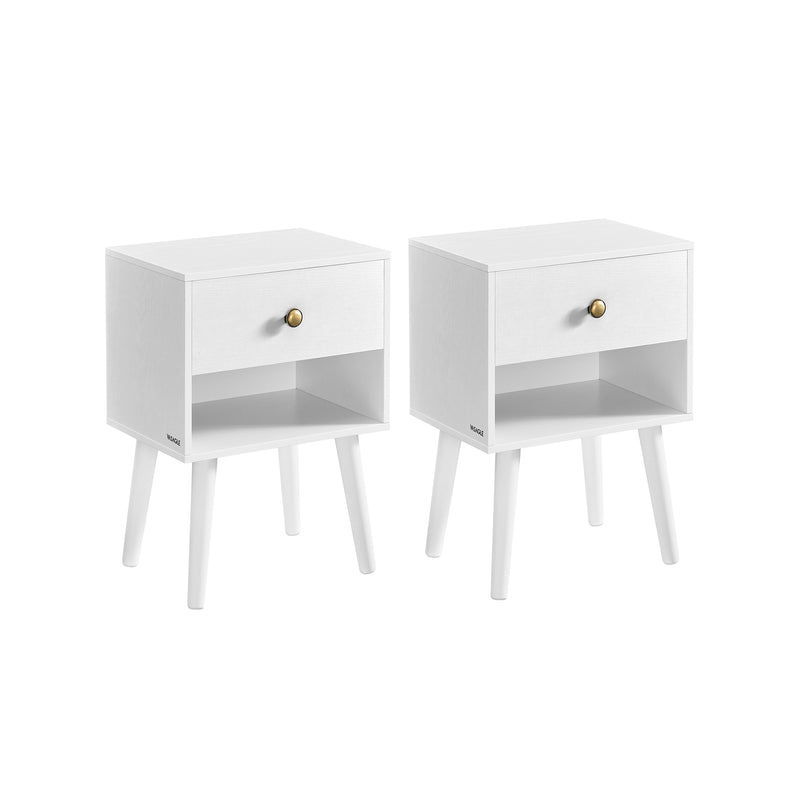 Set of 2 White Bedside Tables with Drawers and Solid Wood Legs for Bedroom by Vasagle