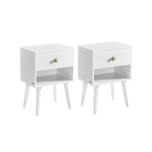 Set of 2 White Bedside Tables with Drawers and Solid Wood Legs for Bedroom by Vasagle