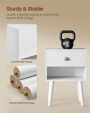 Set of 2 White Bedside Tables with Drawers and Solid Wood Legs for Bedroom by Vasagle