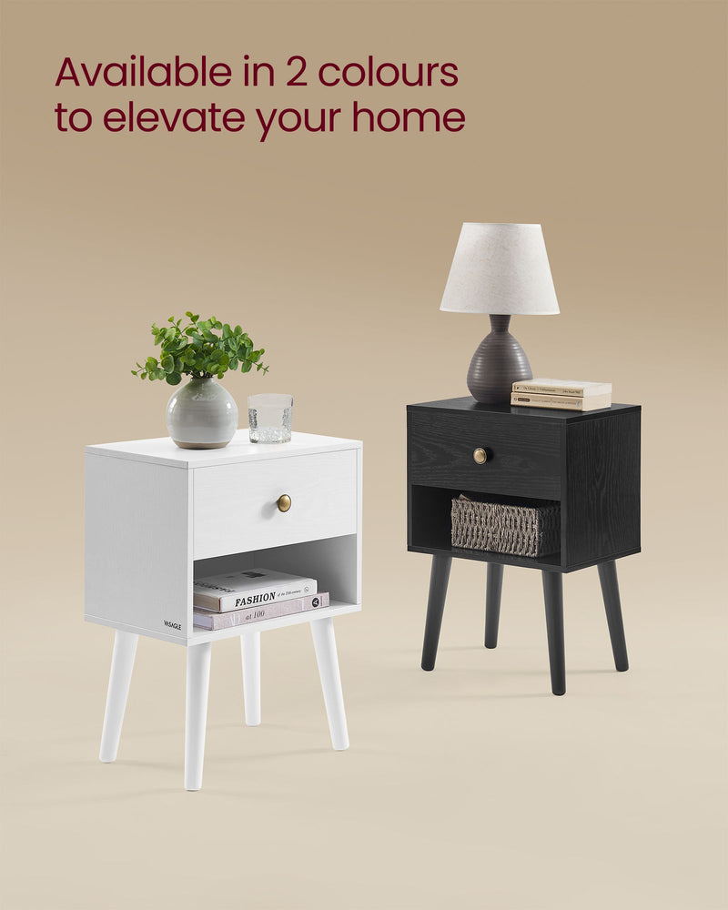 Set of 2 White Bedside Tables with Drawers and Solid Wood Legs for Bedroom by Vasagle