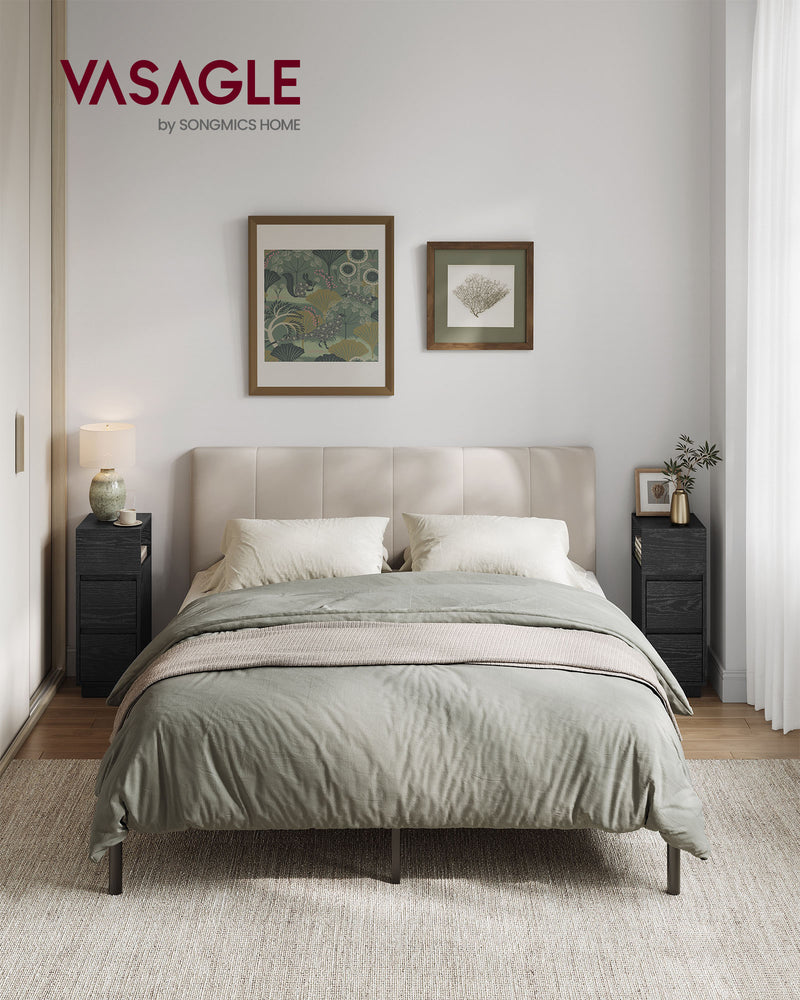 Set of 2 Adjustable Narrow Bedside Tables with Drawers and Shelf in Ebony Black by Vasagle