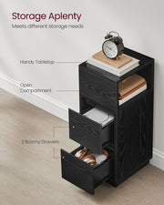 Set of 2 Adjustable Narrow Bedside Tables with Drawers and Shelf in Ebony Black by Vasagle