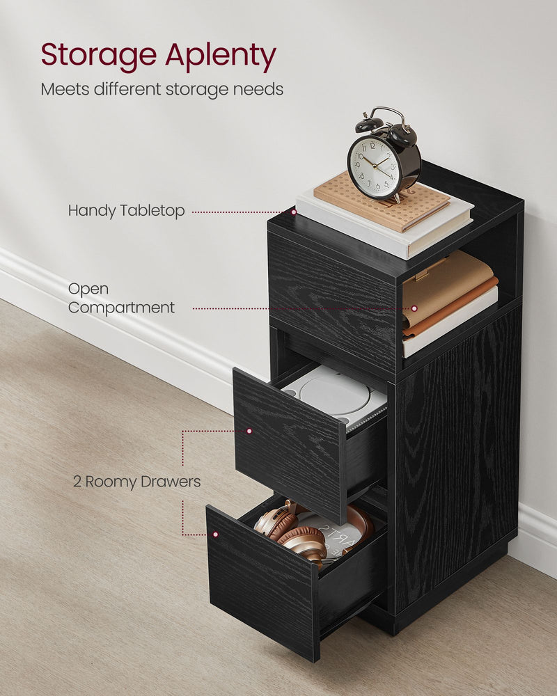 Set of 2 Adjustable Narrow Bedside Tables with Drawers and Shelf in Ebony Black by Vasagle