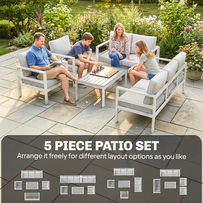 Modular Garden Furniture Set with Deep Cushions for All Weather Relaxing, White & Light Grey