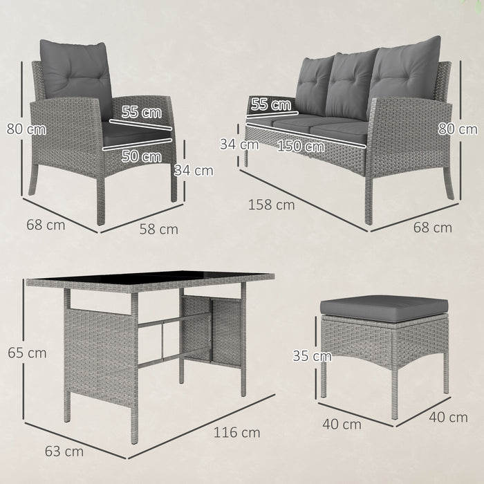 Grey 5 Seater Rattan Garden Furniture Set With Cushions and Glass Table by Outsunny