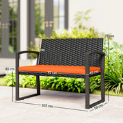 Rattan Garden Bench for Two with Padded Cushion and Steel Frame Black Outsunny