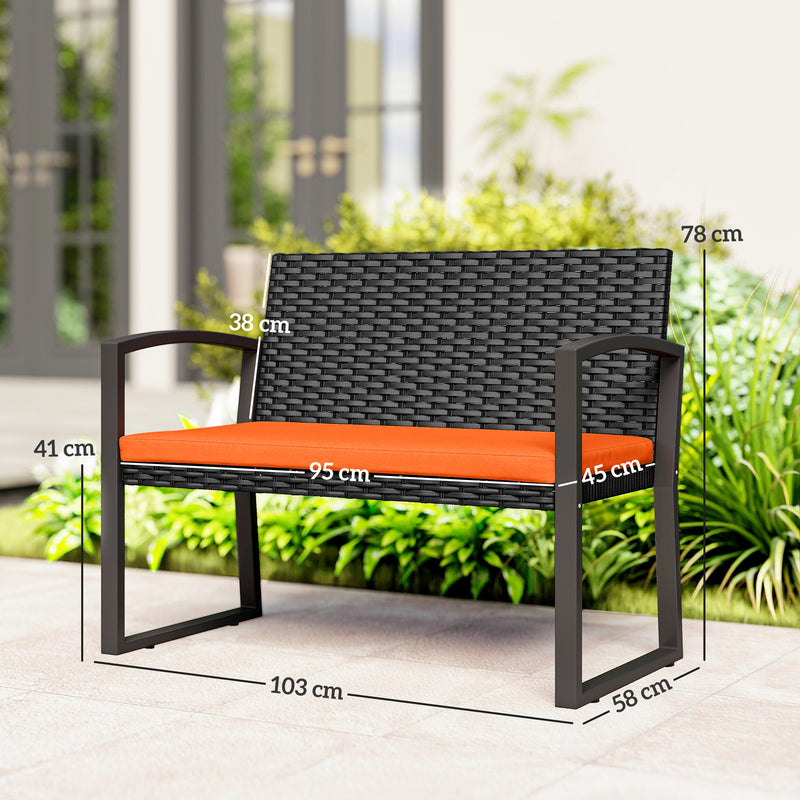 Rattan Garden Bench for Two with Padded Cushion and Steel Frame Black Outsunny
