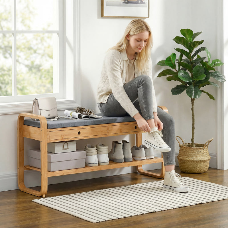 Shoe Storage Bench with Drawers and Padded Seat for Narrow Hallways Natural Bamboo Grey