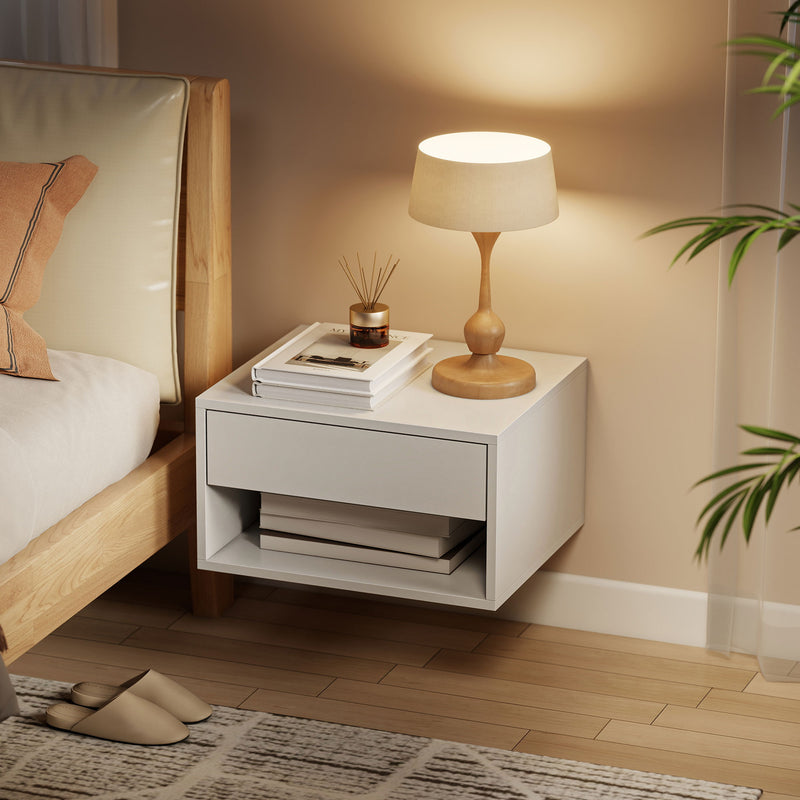Floating Bedside Tables Set of 2 with Drawer and Shelf for Space Saving Bedroom Storage White AOSOM
