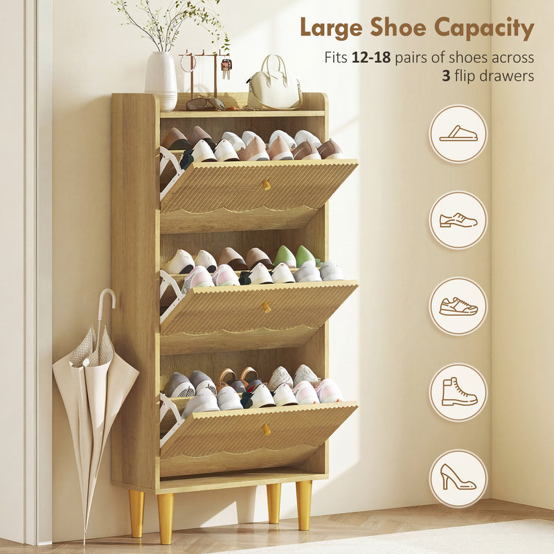 Shoe Storage Cabinet for Narrow Hallways with Adjustable Shelves and Top Shelf Oak Gold AOSOM