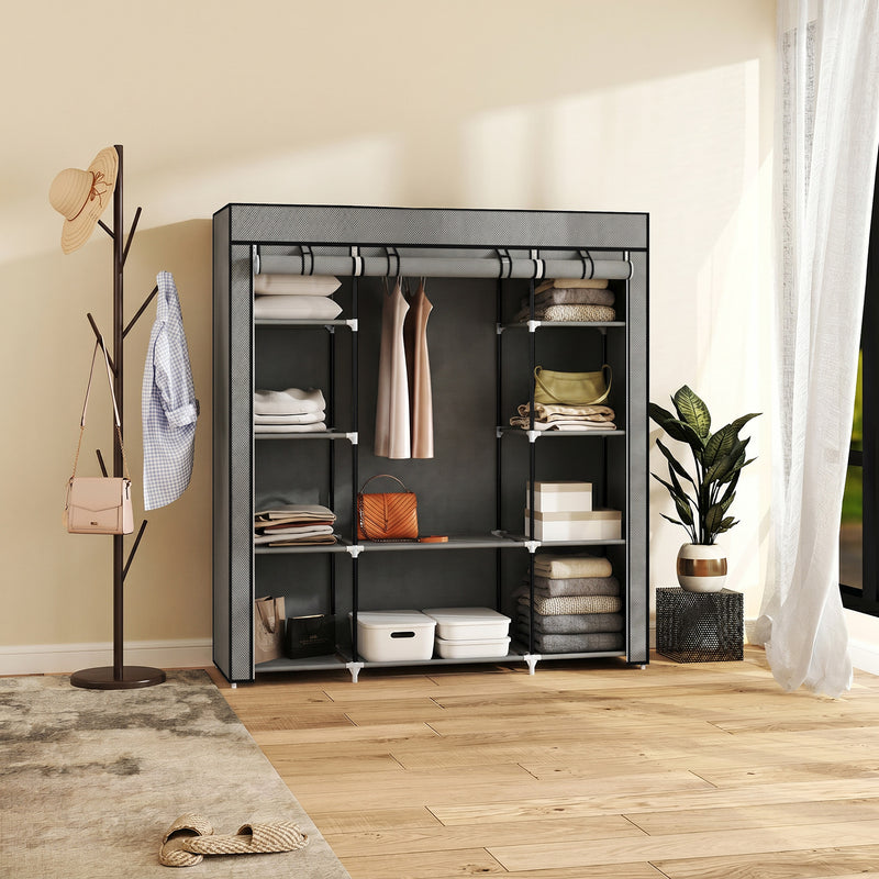 Fabric Wardrobe with Hanging Rail and 10 Shelves for Easy Bedroom Storage