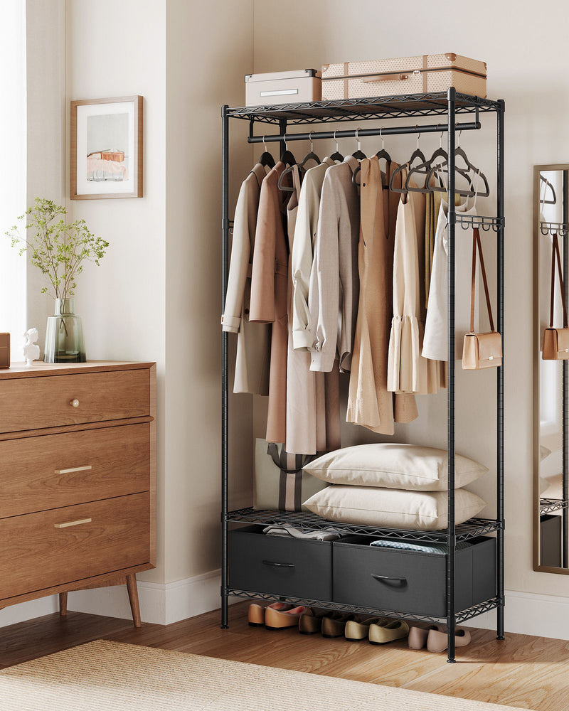 Black Clothes Rail with Mesh Shelf and Fabric Storage Drawers for Bedroom by Songmics