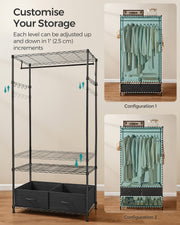 Black Clothes Rail with Mesh Shelf and Fabric Storage Drawers for Bedroom by Songmics
