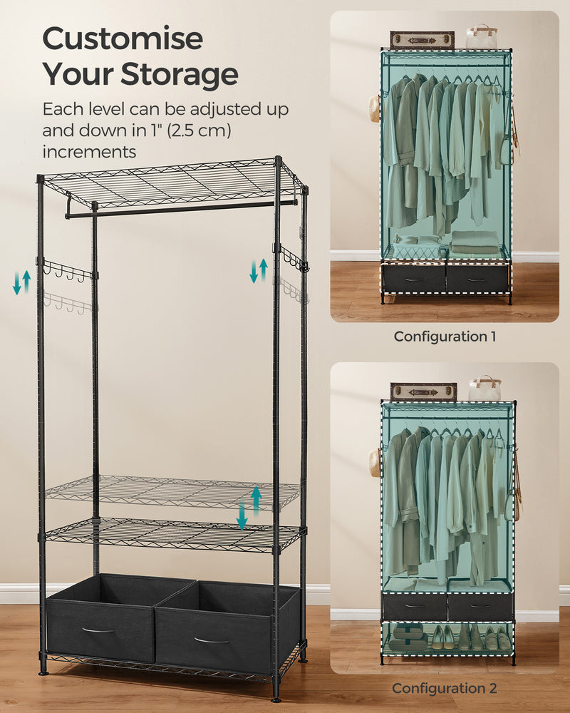 Black Clothes Rail with Mesh Shelf and Fabric Storage Drawers for Bedroom by Songmics