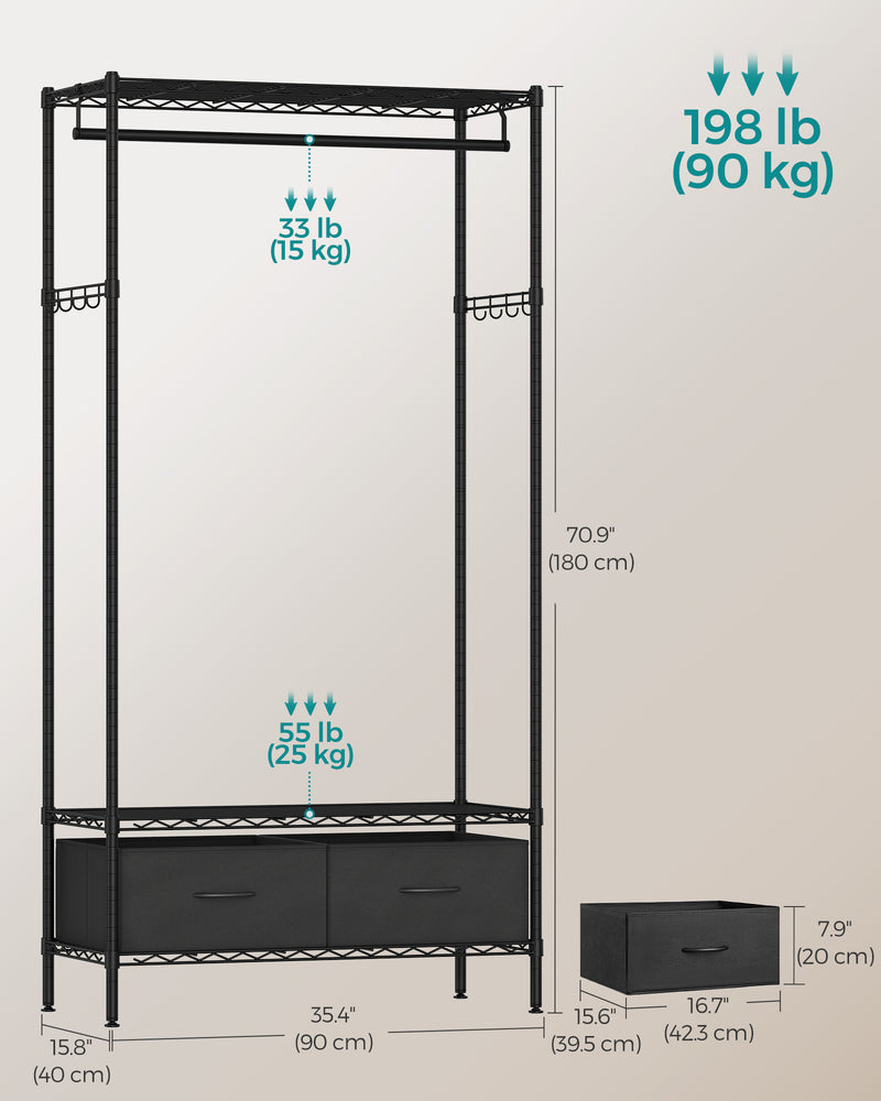 Black Clothes Rail with Mesh Shelf and Fabric Storage Drawers for Bedroom by Songmics