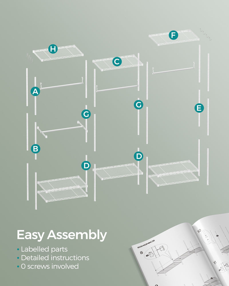 White Portable Wardrobe with Dividable Sections and Open Storage Design by Songmics
