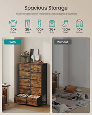 10 roomy drawers holding folded clothes, shown with and without the storage unit