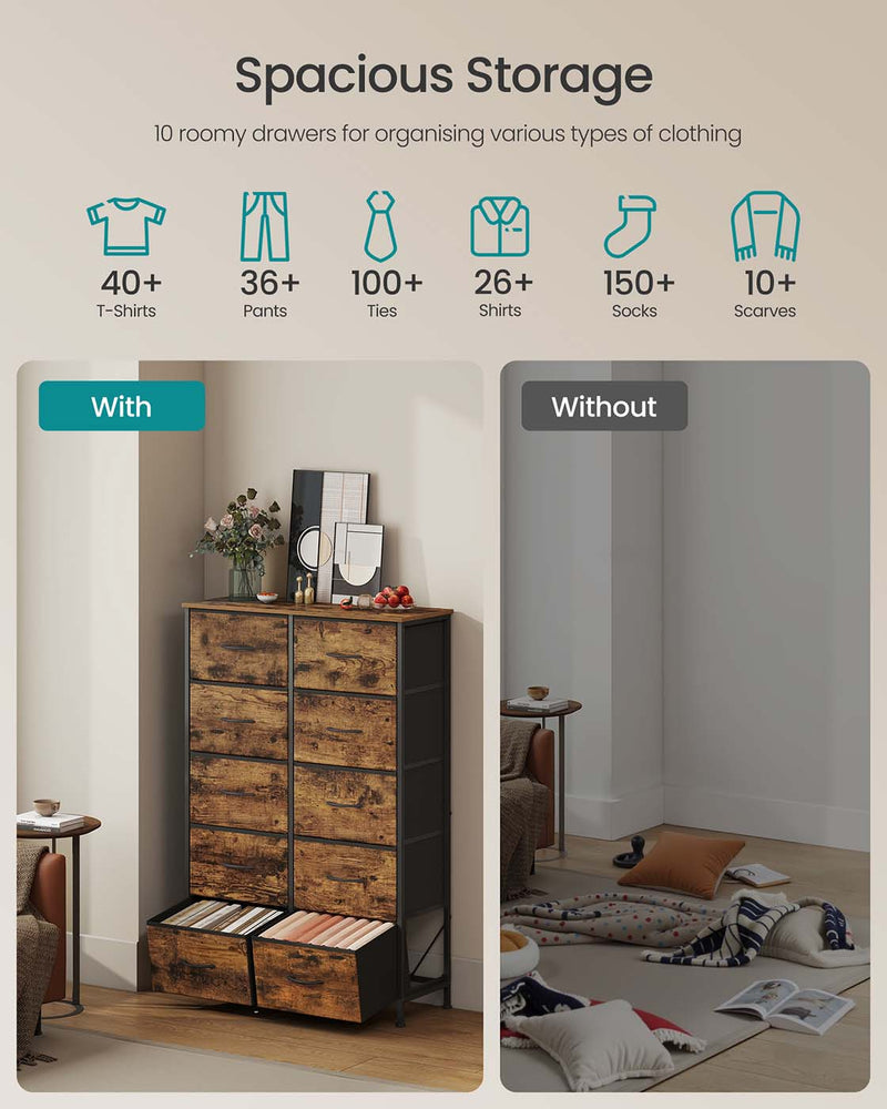 10 roomy drawers holding folded clothes, shown with and without the storage unit