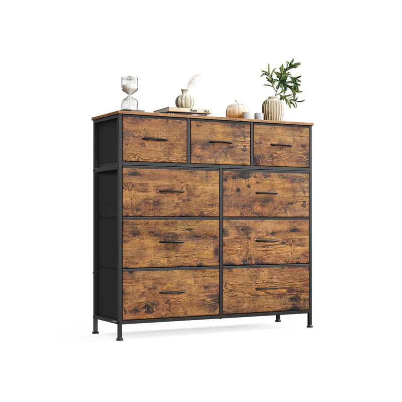Songmics 9-drawer fabric chest of drawers in rustic brown and ink black, angled studio shot