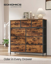 Front view of the 9-drawer chest showing 6 large and 3 small fabric drawers