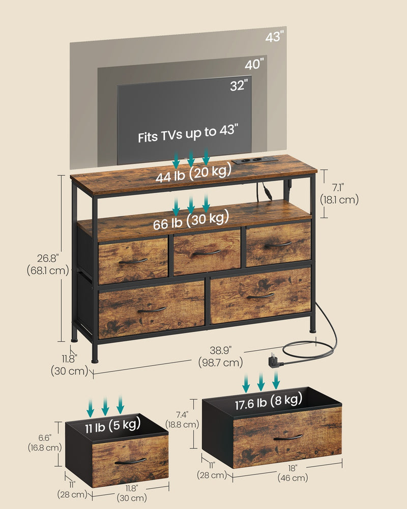 5 Drawer Chest of Drawers with Charging Station and LED Lights 98.7cm by SONGMICS Songmics
