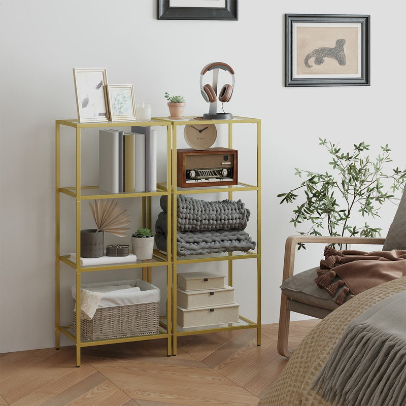 Gold 4 Tier Glass Bookcase with Steel Frame for Living Room or Study by Vasagle