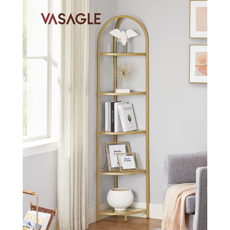 Golden 5 Tier Corner Shelf Unit for Living Room or Bedroom Display Storage by Vasagle
