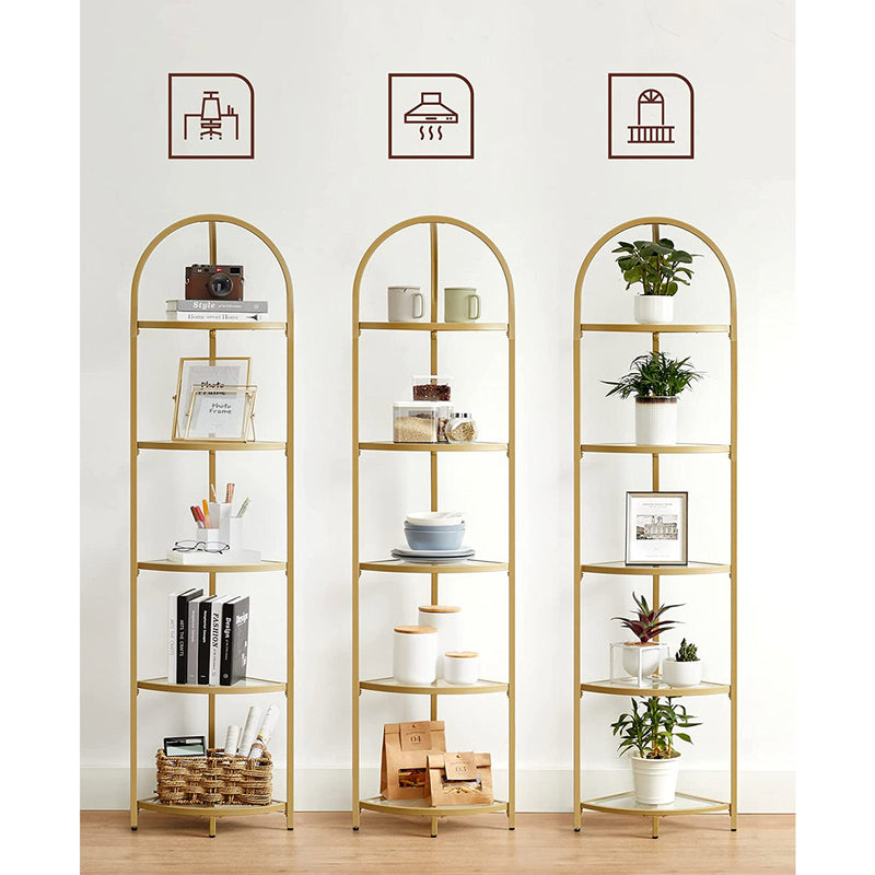 Golden 5 Tier Corner Shelf Unit for Living Room or Bedroom Display Storage by Vasagle