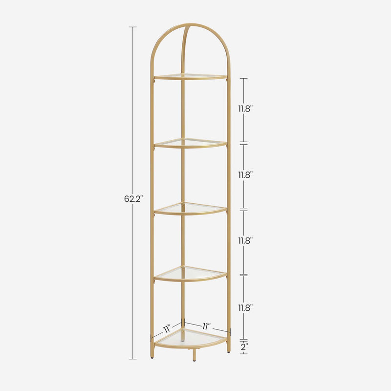 Golden 5 Tier Corner Shelf Unit for Living Room or Bedroom Display Storage by Vasagle
