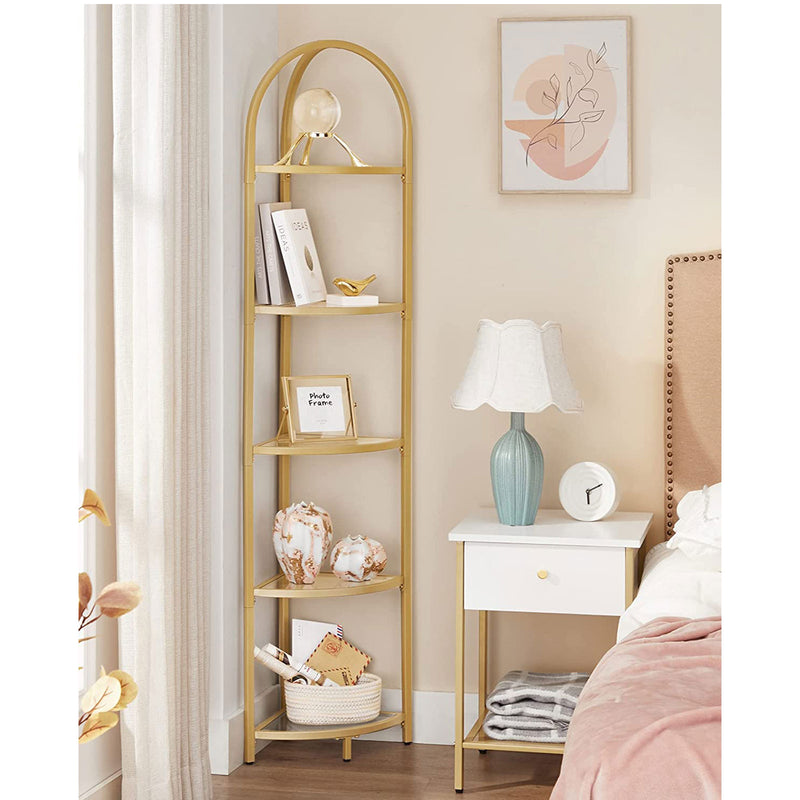 Golden 5 Tier Corner Shelf Unit for Living Room or Bedroom Display Storage by Vasagle
