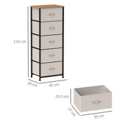 Cream White Fabric Chest of Drawers with 5 Storage Drawers and Wooden Top by HOMCOM