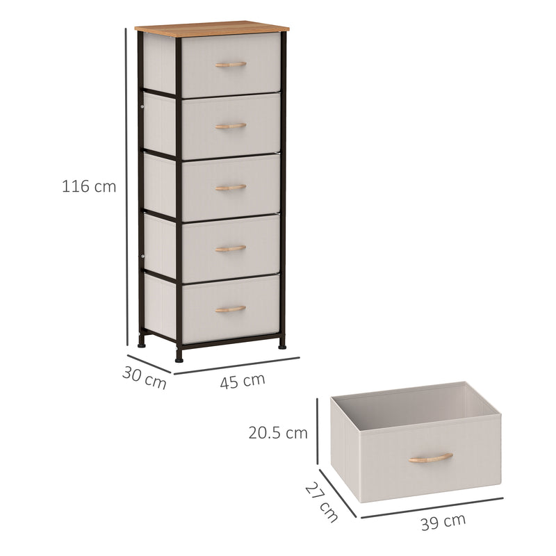Cream White Fabric Chest of Drawers with 5 Storage Drawers and Wooden Top by HOMCOM