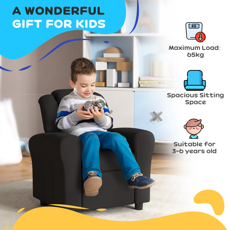 Black Kids Recliner Chair with Adjustable Backrest Footrest and PU Leather by Homcom