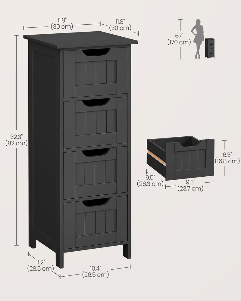 Black Bathroom Floor Cabinet with 4 Drawers for Small Space Storage 82 cm by Vasagle