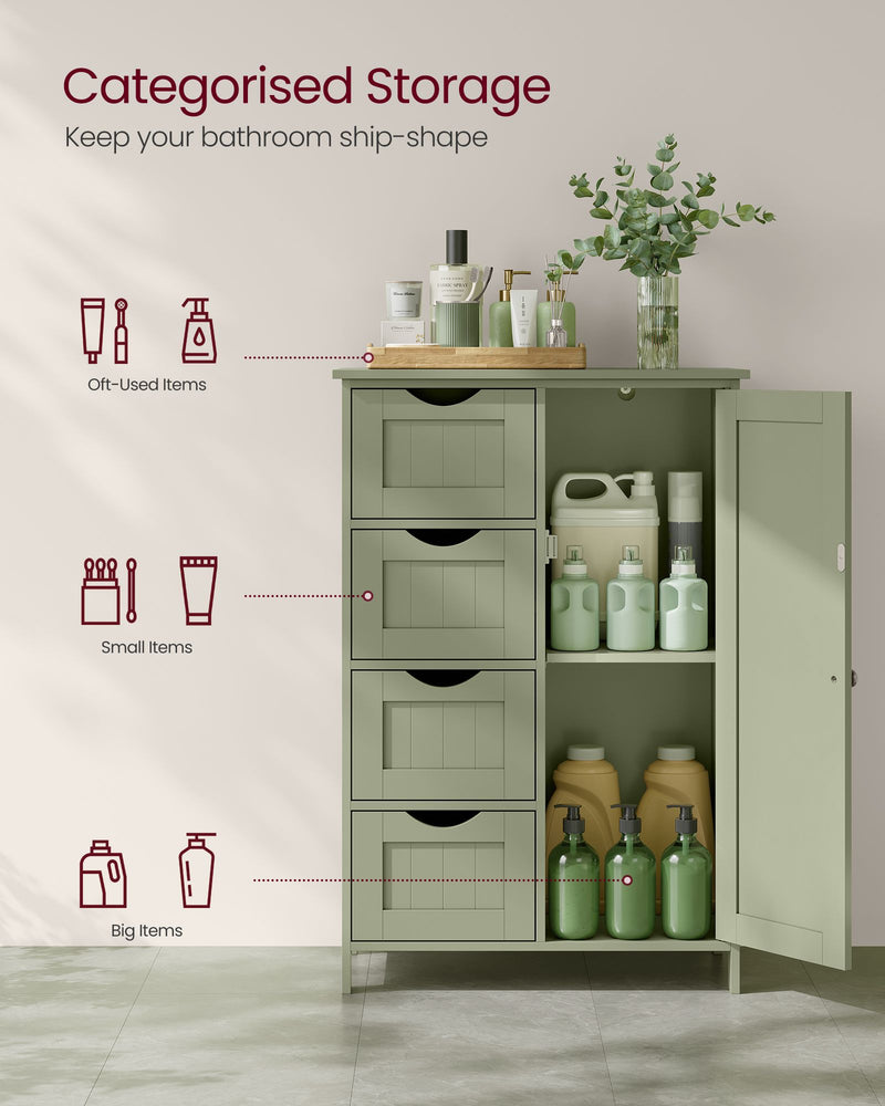 Floor Cabinet For Bathroom - 1 Cupboard - 4 Drawers for Towels and Toiletries - Laurel Green