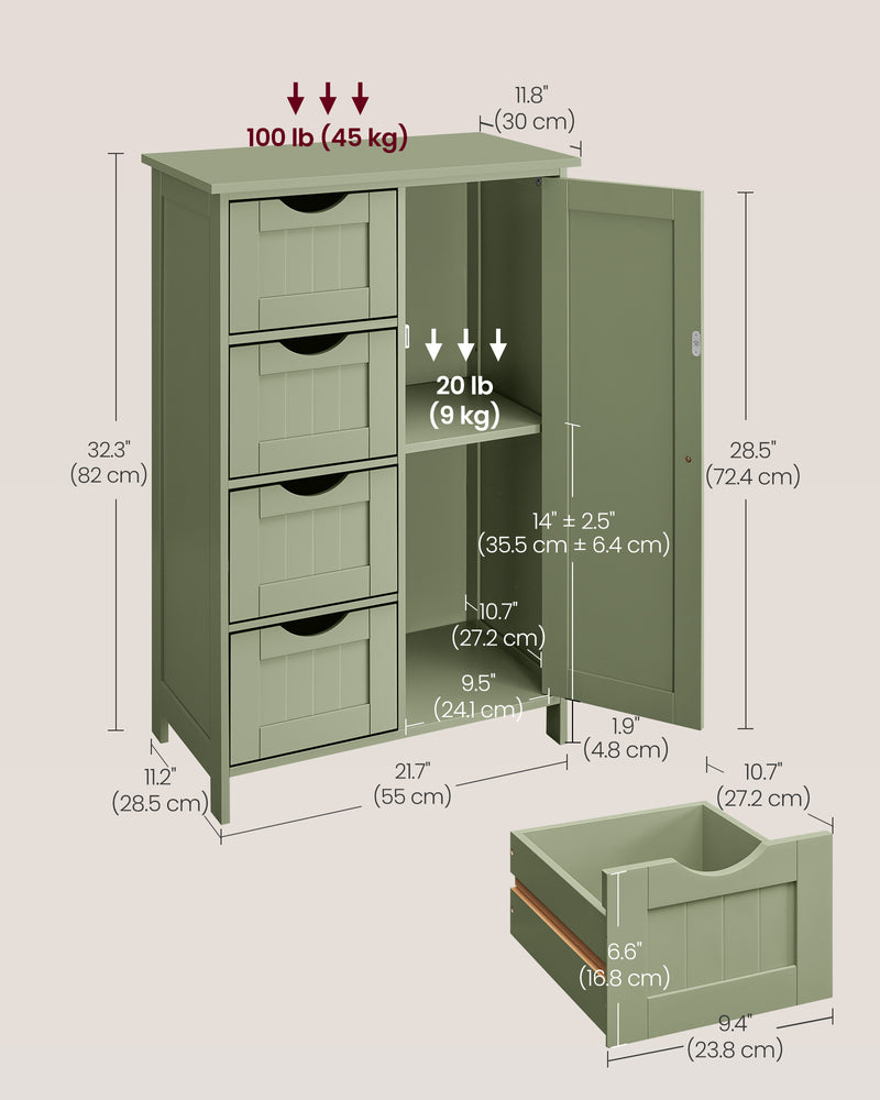 Floor Cabinet For Bathroom - 1 Cupboard - 4 Drawers for Towels and Toiletries - Laurel Green