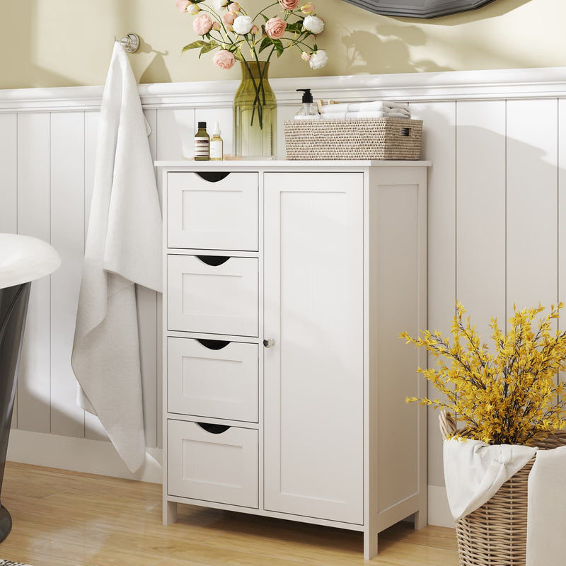 Freestanding Bathroom Storage Cabinet with 4 Drawers and Door White Wood Unit by Vasagle