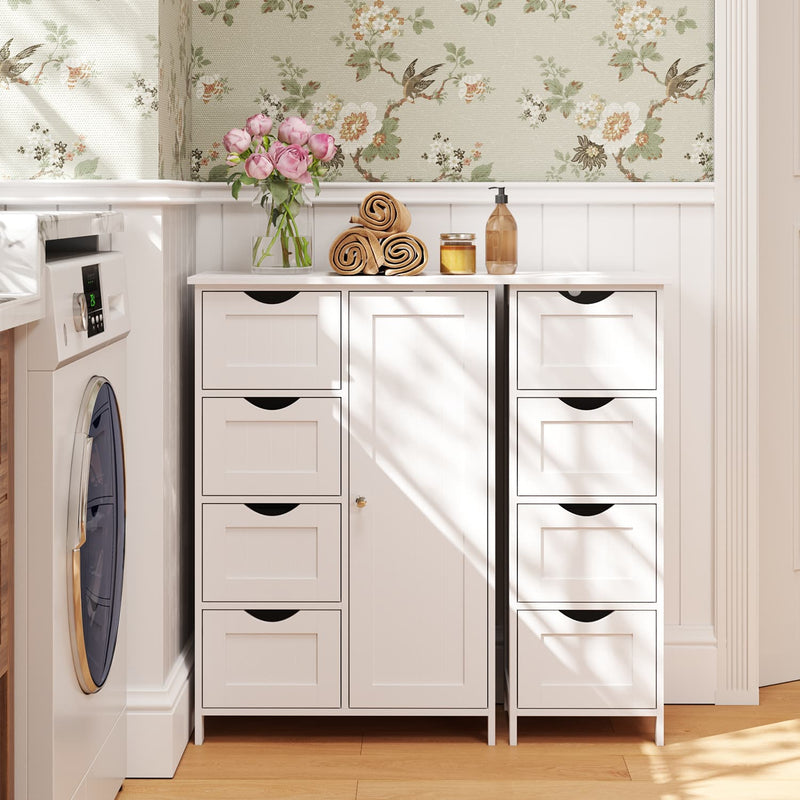 Freestanding Bathroom Storage Cabinet with 4 Drawers and Door White Wood Unit by Vasagle