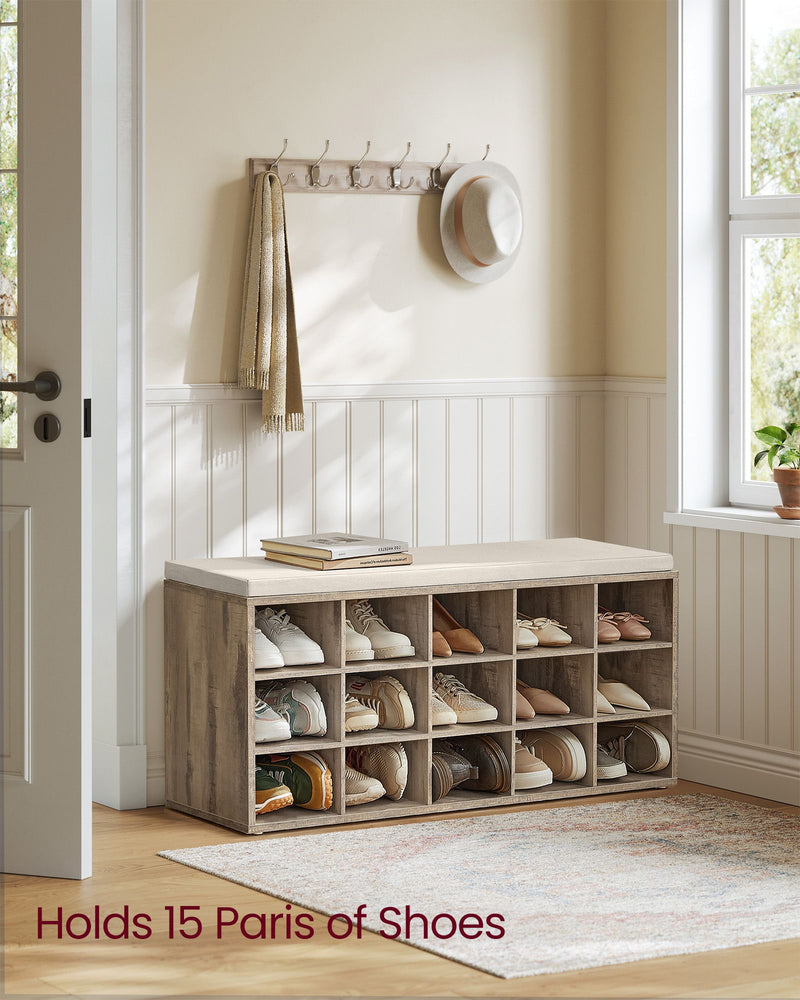 Camel Brown and Beige 15 Compartment Shoe Bench with Cushioned Seat and Storage by Vasagle