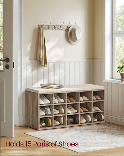 Camel Brown and Beige 15 Compartment Shoe Bench with Cushioned Seat and Storage by Vasagle