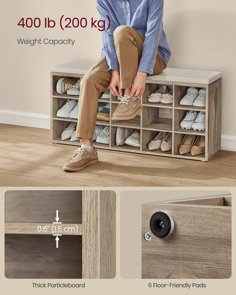 Camel Brown and Beige 15 Compartment Shoe Bench with Cushioned Seat and Storage by Vasagle