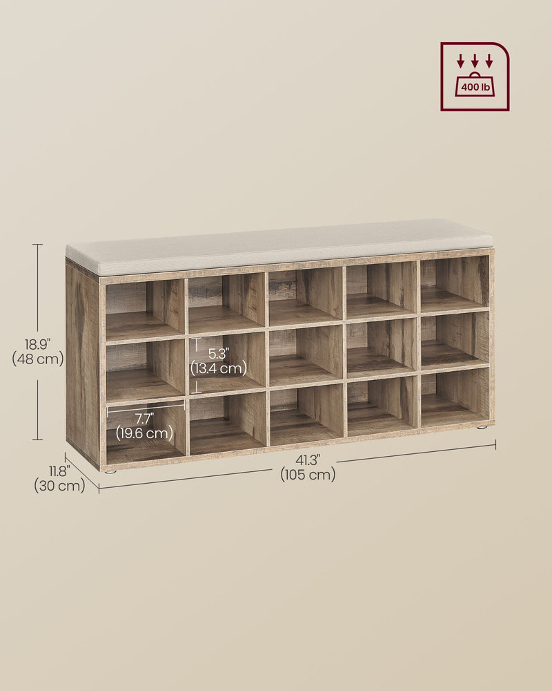 Camel Brown and Beige 15 Compartment Shoe Bench with Cushioned Seat and Storage by Vasagle