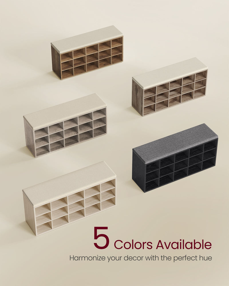 Camel Brown and Beige 15 Compartment Shoe Bench with Cushioned Seat and Storage by Vasagle
