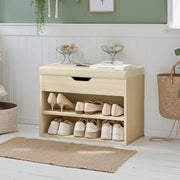 Shoe Storage Bench with Cushion and 3 Compartments for Entryway in Natural Beige by Vasagle