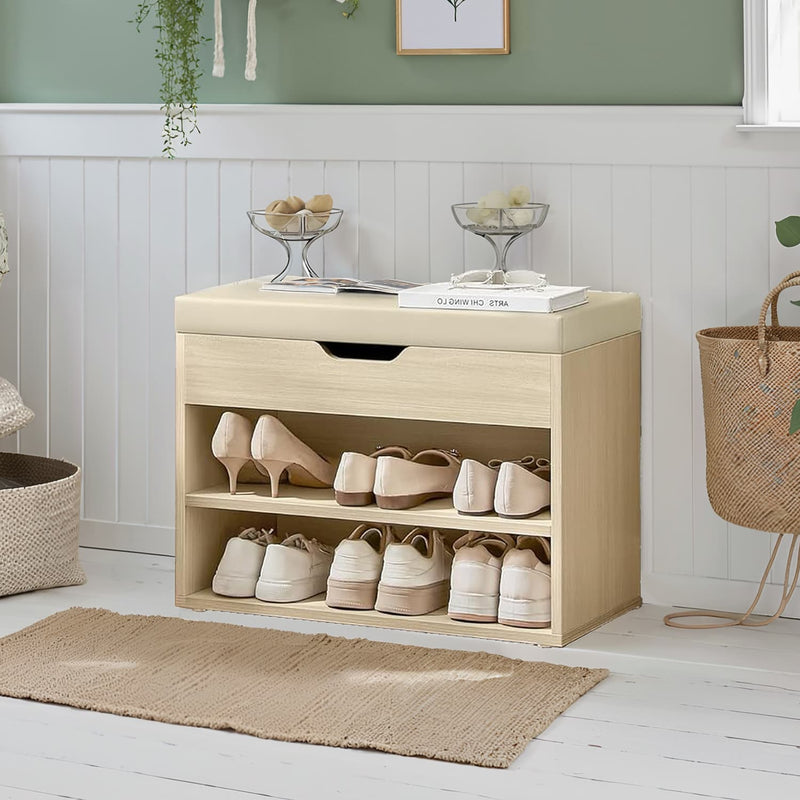 Shoe Storage Bench with Cushion and 3 Compartments for Entryway in Natural Beige by Vasagle