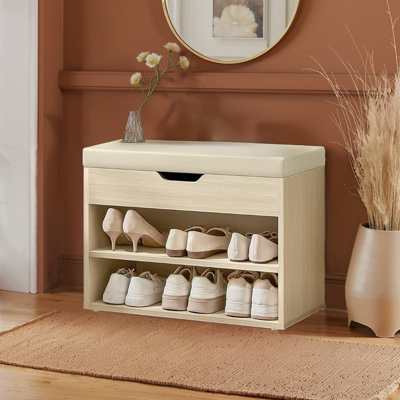 Shoe Storage Bench with Cushion and 3 Compartments for Entryway in Natural Beige by Vasagle