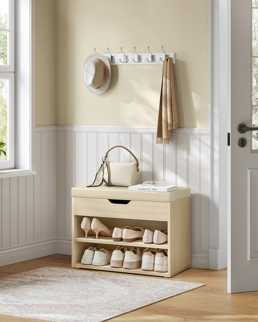 Natural Beige Shoe Bench with Padded Seat and Storage for Entryway or Hallway by Vasagle