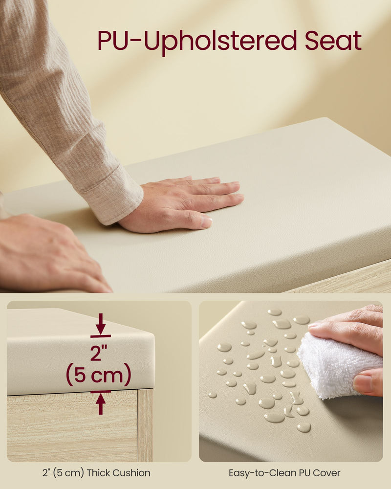 Natural Beige Shoe Bench with Padded Seat and Storage for Entryway or Hallway by Vasagle