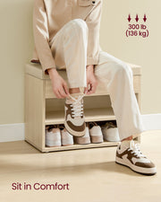 Natural Beige Shoe Bench with Padded Seat and Storage for Entryway or Hallway by Vasagle