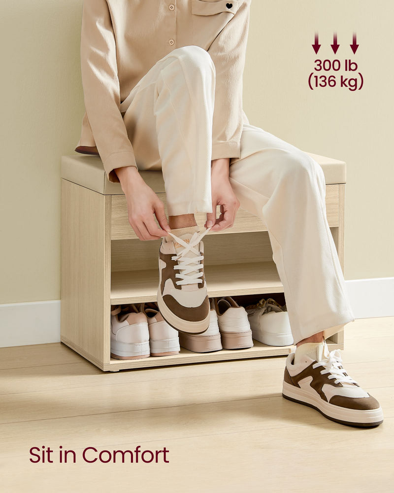 Natural Beige Shoe Bench with Padded Seat and Storage for Entryway or Hallway by Vasagle